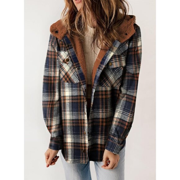 Womens Plaid Shacket Jacket Long Sleeve Button Down Fleece Hooded Jackets Warm C - Picture 8 of 8